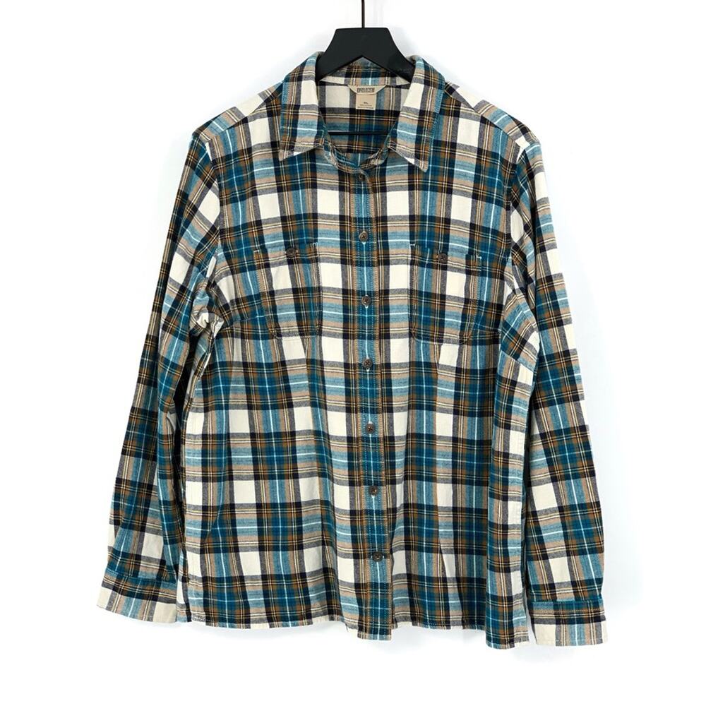 DULUTH TRADING CO Free Swingin' Flannel Shirt Teal White Mustard Plaid L (XL)